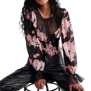 Free People Black Floral Midnight Combo Pink Daphne Blouse